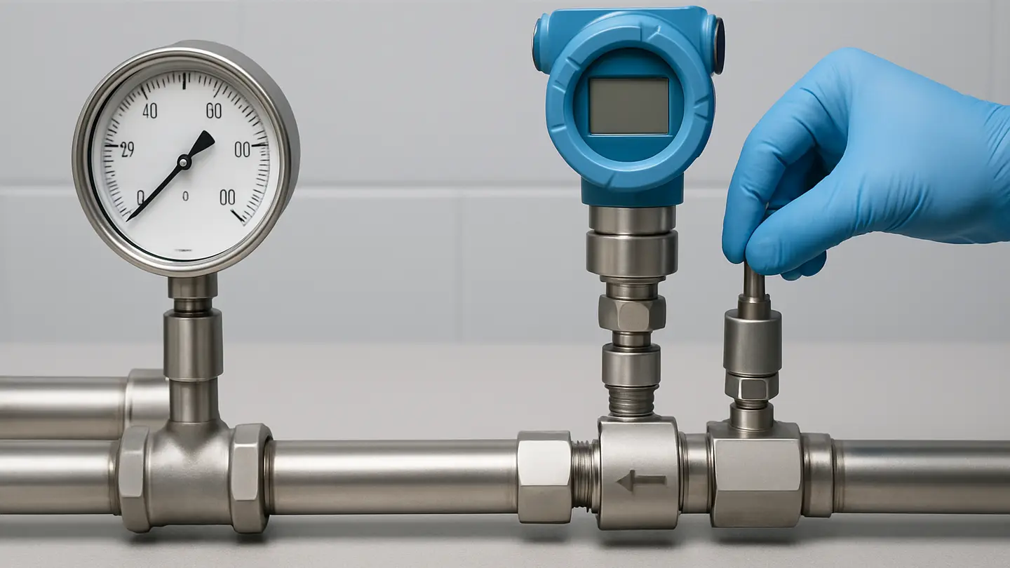 Pressure gauge and digital pressure instrument installed on pump piping